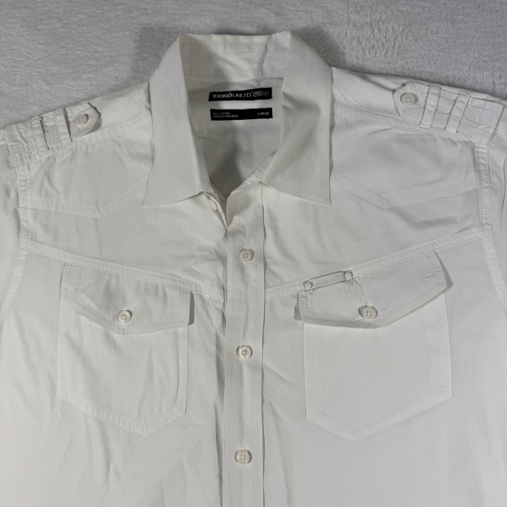 Ecko Unltd Button Up Shirt‎ Mens Large White Epaulettes Utility E72 Streetwear - Picture 2 of 13